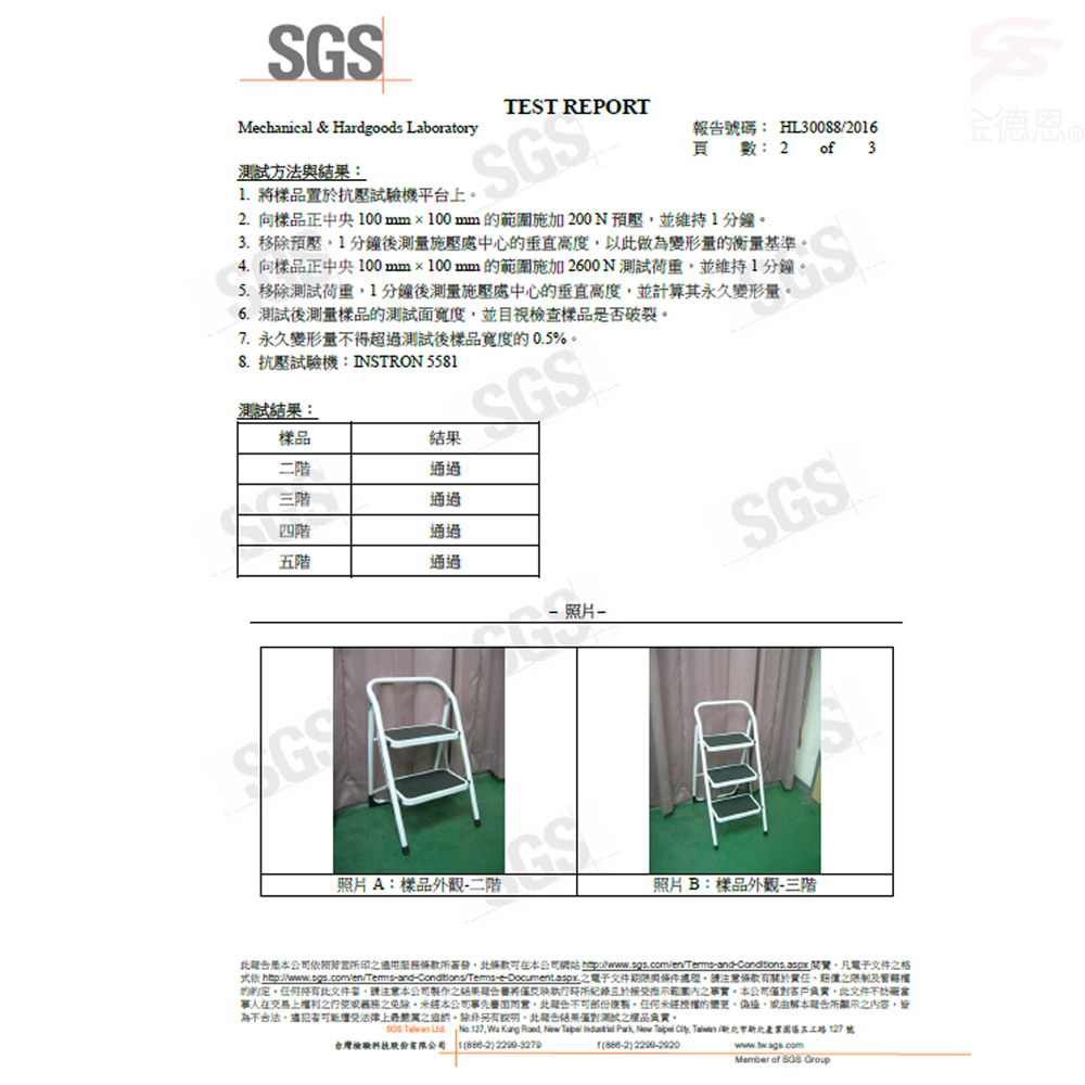 TET REPORTMechanical & Hardgoods Laboratory號碼 HL30088206頁 數: 2 of 3金德恩方法:1 樣品抗壓試驗平台2. 樣品正中央100mm 施加200N預壓並維1分鐘3. 移除預壓1分鐘後測量施壓處中心垂直高度以做變形量的衡量基準4. 向樣品正中央100mm100mm 的範圍施加 2600 N測試並維持1分鐘5. 移除測試1分鐘後測量施壓處中心的垂直高度並計算其永久變形量。6.測試後測量樣品的測試面寬度並目視樣品否破裂。7. 永久變形量不得超過測試後樣品寬度的0.5%。8.抗壓試驗機:INSTRON 5581測試:結果SGSS樣品二階通過階通過四階通過階SGS通過&middot;照片照片A:樣品外觀-二階照片B:樣品外觀-三階是公司持置條款簽發此條款可在本公司網站  凡文件格: 文件與條款有關於限制及的。任何持有此文件請注意本公司結果將僅所三於範圍之事實本公司僅對客戶此文件不妨礙當人在交易之之免除本公司事先,此。任何未經授權的本所顯示之內容,皆為不合法,可能受法律上之。另有,此報告結果僅對測試之機品。    .  Kang     Park, New Taipei ,  /五路127號台灣檢驗 886-22200-32701() Member of