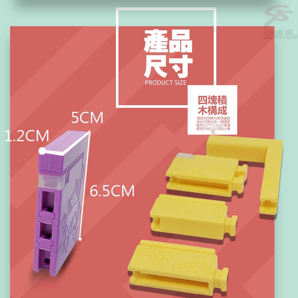 1.2CM5CM6.5CM產品尺寸PRODUCT SIZE四塊積木構成獨家利用積木組合式僅有6.5*5*1.2公分重量輕到只有32公克的小金德恩