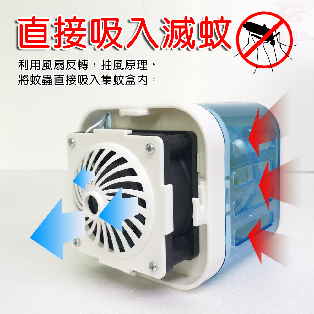 直接吸入滅蚊利用風扇反轉,抽風原理,將蚊蟲直接吸入集蚊盒内。